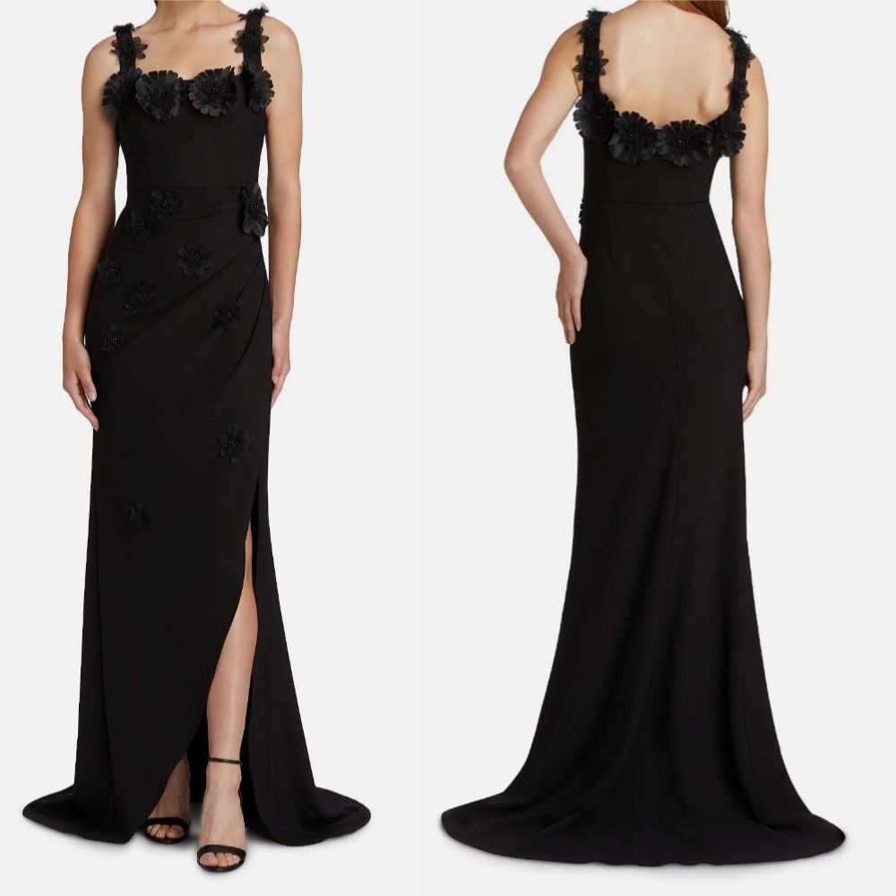 Black 3D Florals Spaghetti Straps Mermaid Maxi Dresses Side Slit Evening Gowns
