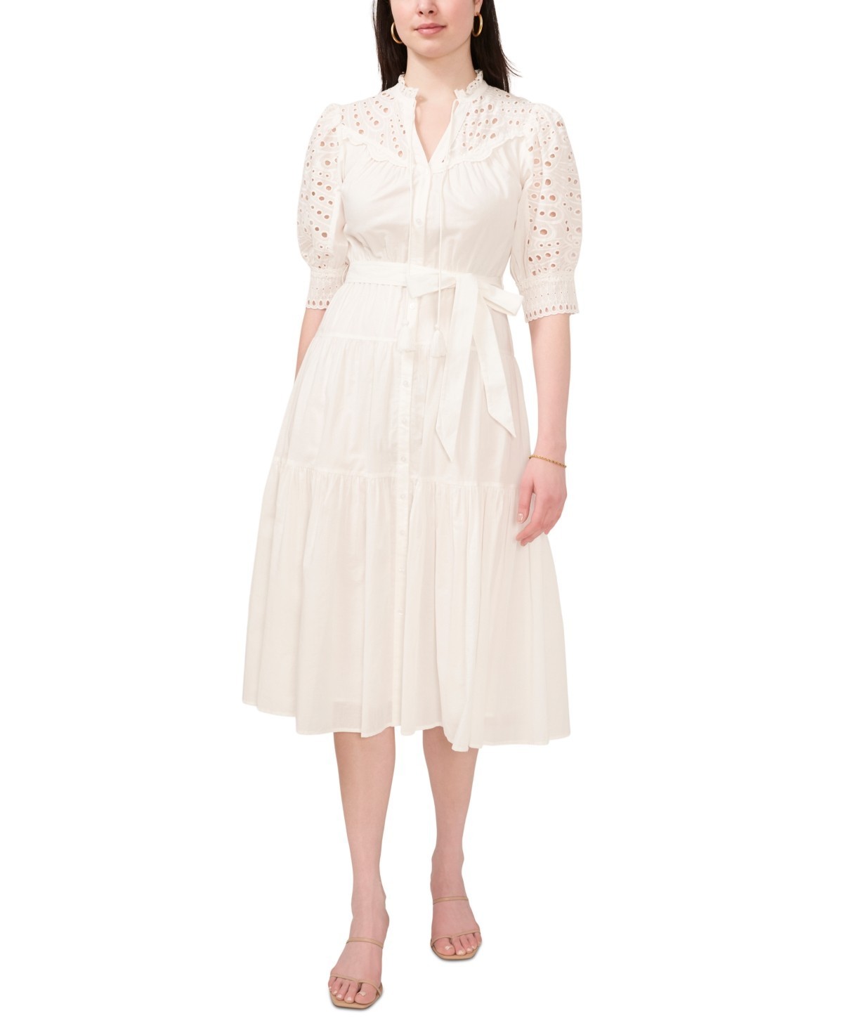 CeCe Belted Eyelet-Embroidered Shirt Dress Women’s 14US New Ivory Button Closure