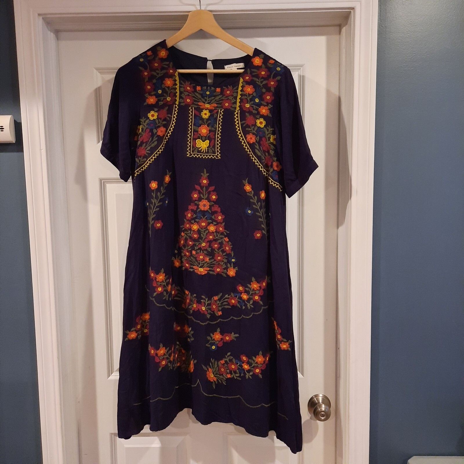 Stevie Hender Dress Womens Large Navy Midi Floral Embroidered Boho Peasant