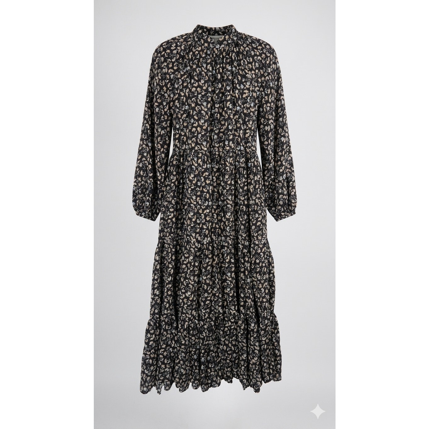 Zara Dress S Black Blue Floral Mock Neck Tiered Midi A-Line Long Sleeve