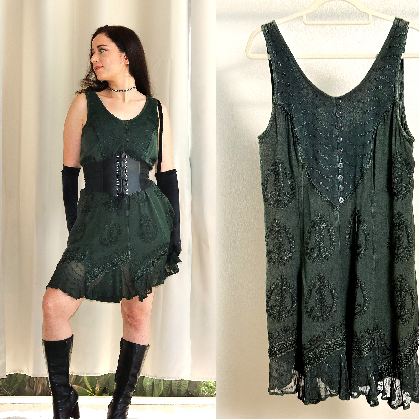 Vtg Y2K 90s Choice Dark Green Embroidered Rayon Dress Sheer Hem Fairycore L