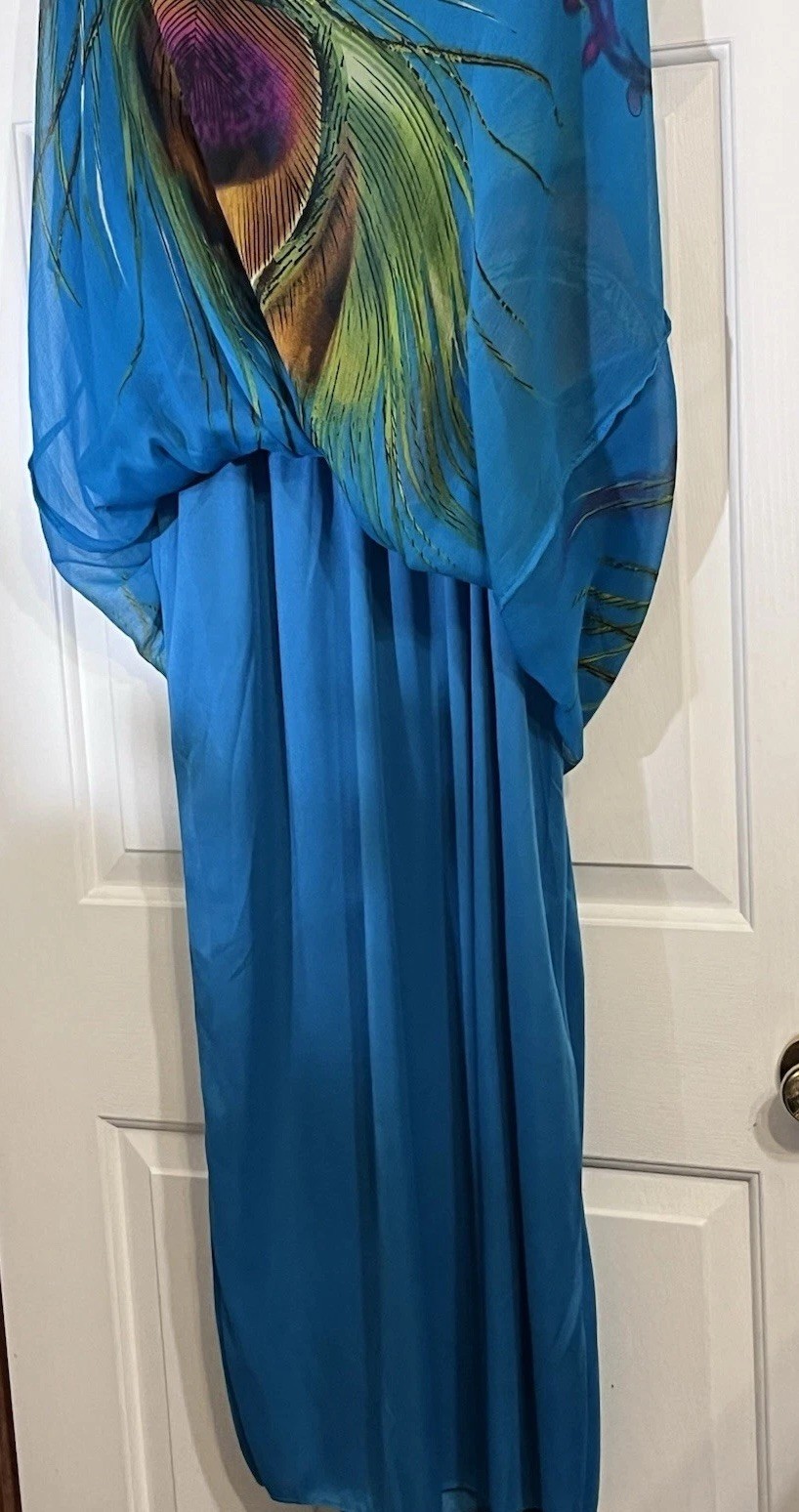 Women’s Blue Peacock Feather Print Chiffon Maxi Dress Beaded Layered Sz L