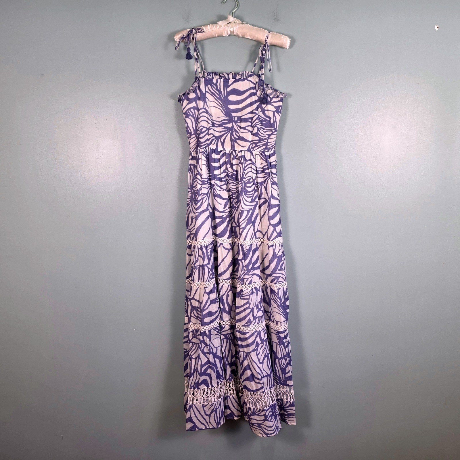 La Plage Lavender White Abstract Leaf Print Cotton Tiered Maxi Dress XS Boho