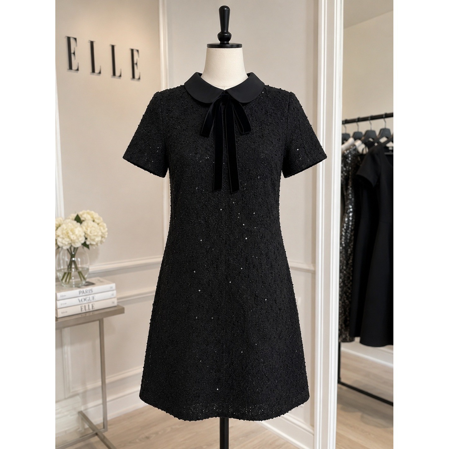 ELLE Black Textured Peter Pan Collar Dress | Velvet Bow Classic Chic Size Small