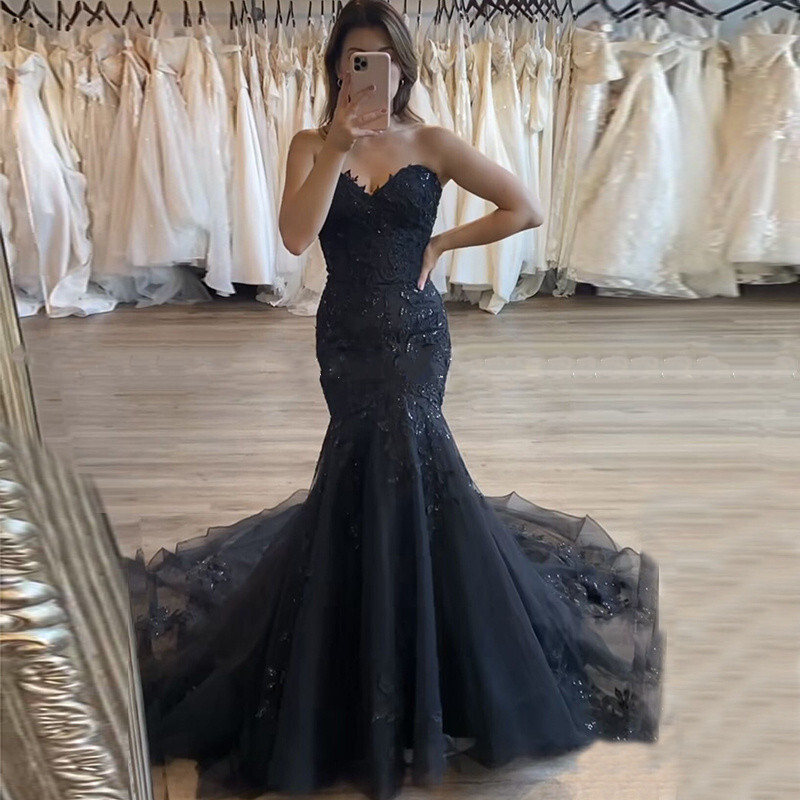 Strapless Sweetheart Black Lace Mermaid Evening Gown Long Train Custom