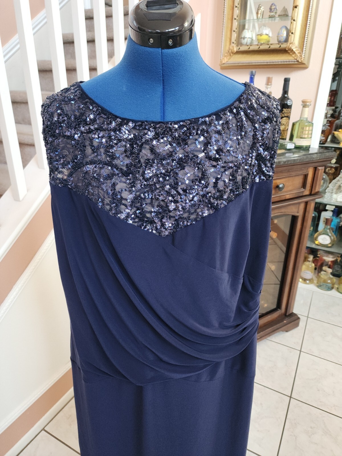 NWT RALPH LAUREN Blue Sequin Round Neck Side Gathered Sleeveless Dress 22W $165