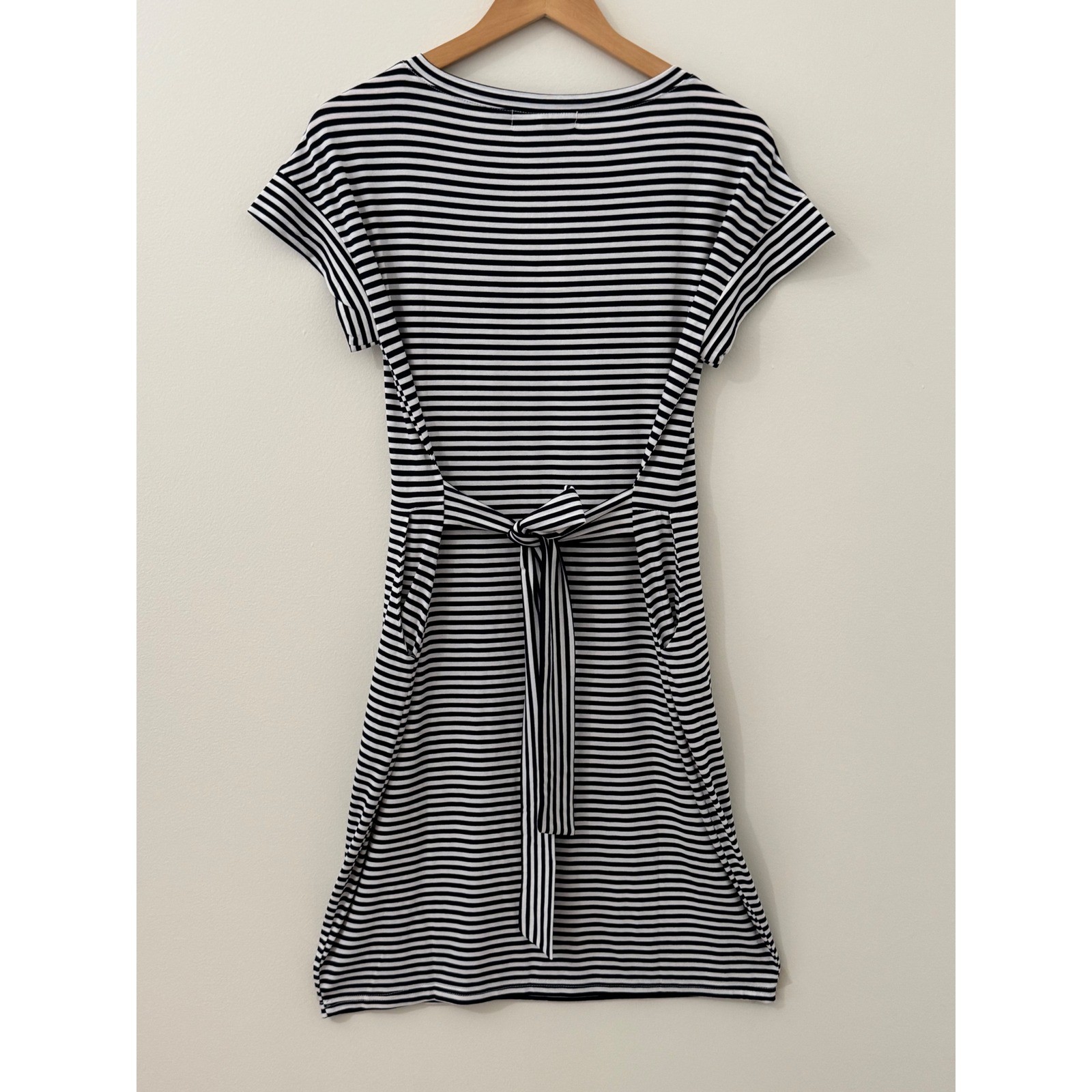 NWT MEROKEETY Navy White Stripe Tie Waist Knee Length Dress Short Sleeve Sz M