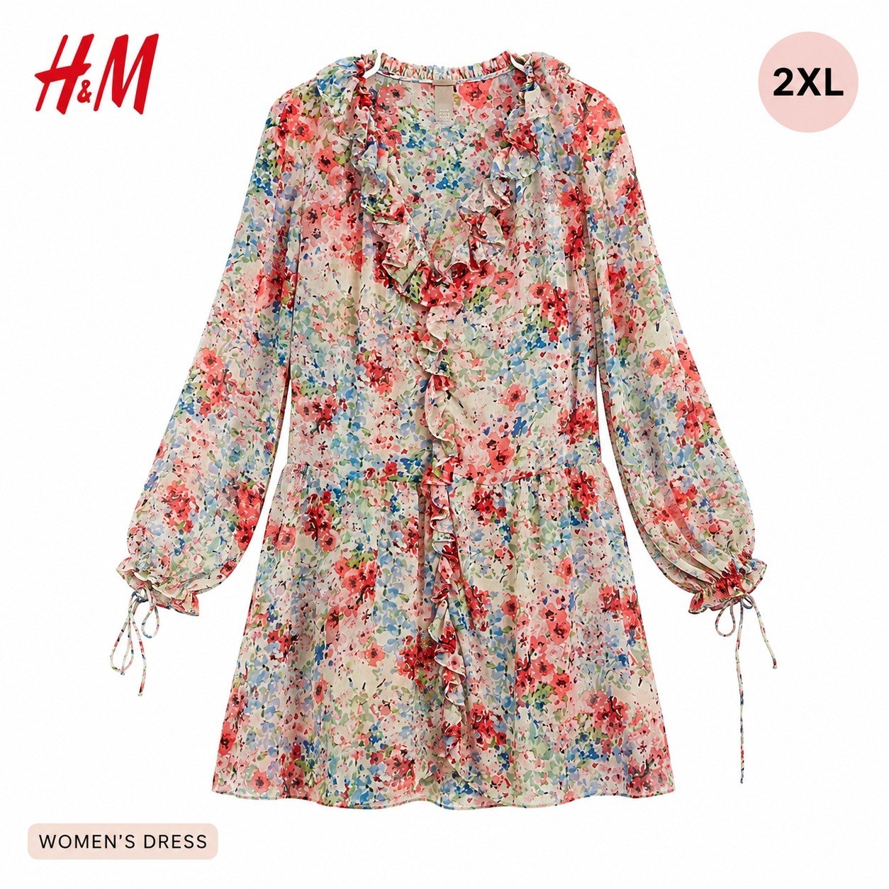 H&M Floral Tunic Dress Womens 2XL Multi Color Flower Ruffle Relaxed Boho Chiffon