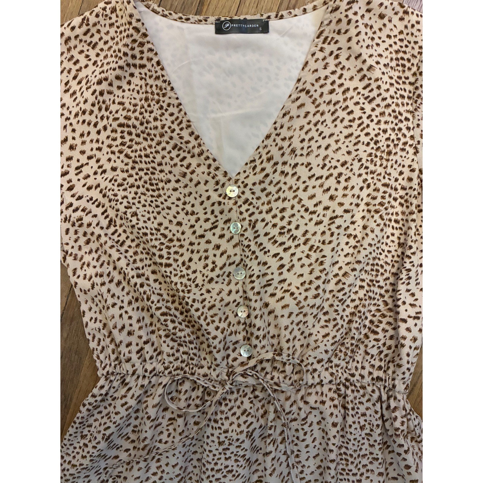 PrettyGarden Leopard Print Maxi Dress V-Neck Tiered Short Sleeve Tan Brown Small