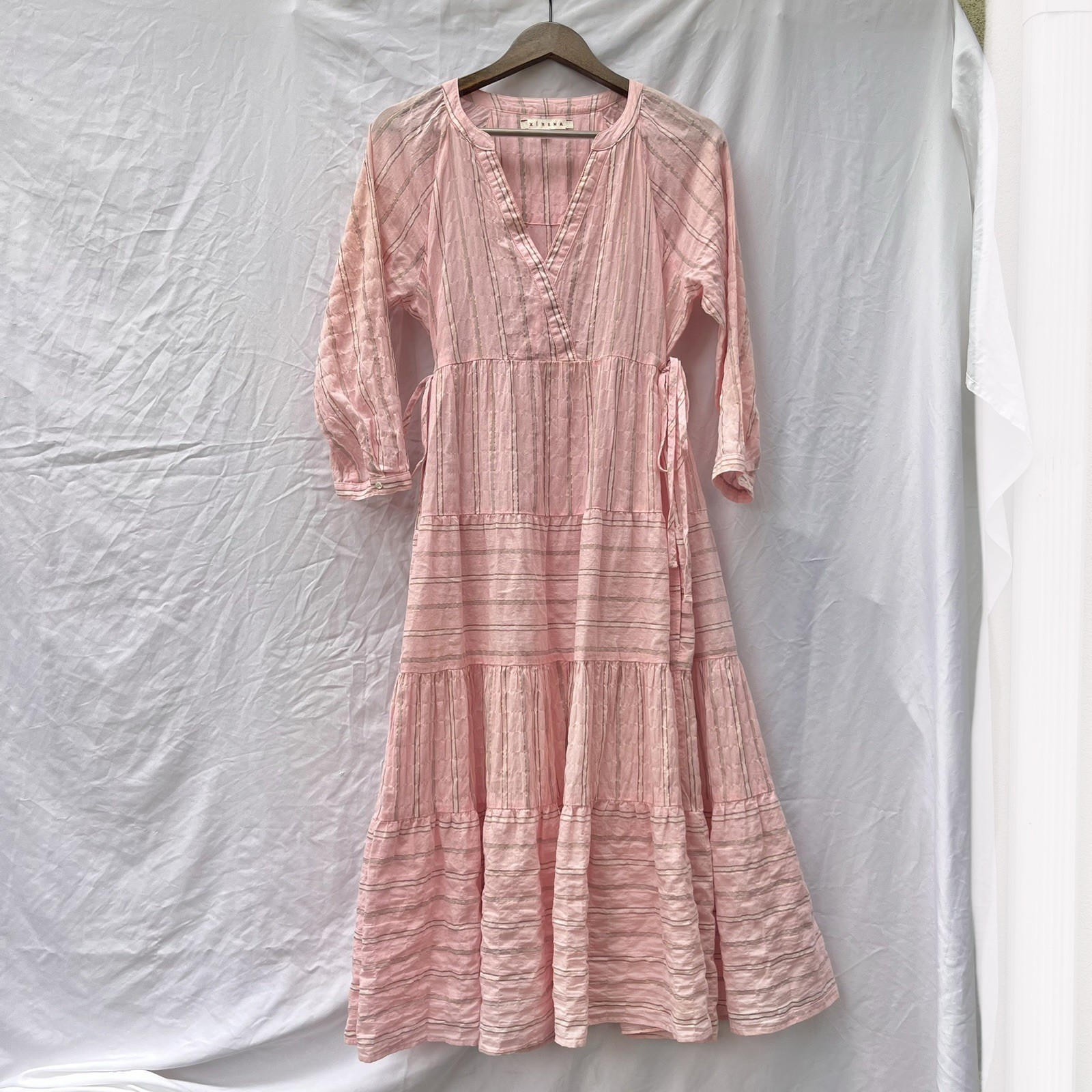 REVOLVE x XIRENA BECKETT MULTI-STRIPED PINK SHIMMER LAYNA MIDI DRESS SMALL
