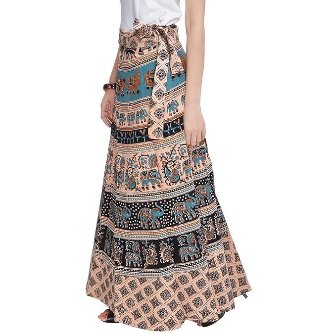 Women’s Cotton Jaipuri Printed Long Wrap Around Full Size Maxi Skirt Beige colr