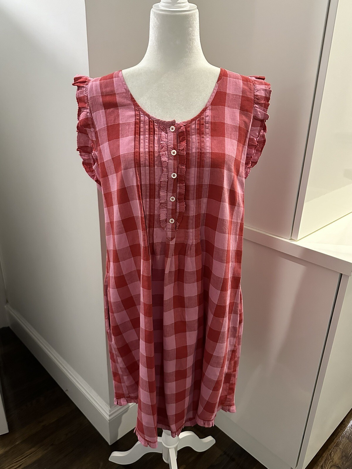 0039 Italy Womens Cotton Red And Pink Sleeveless Shift Dress Size Large