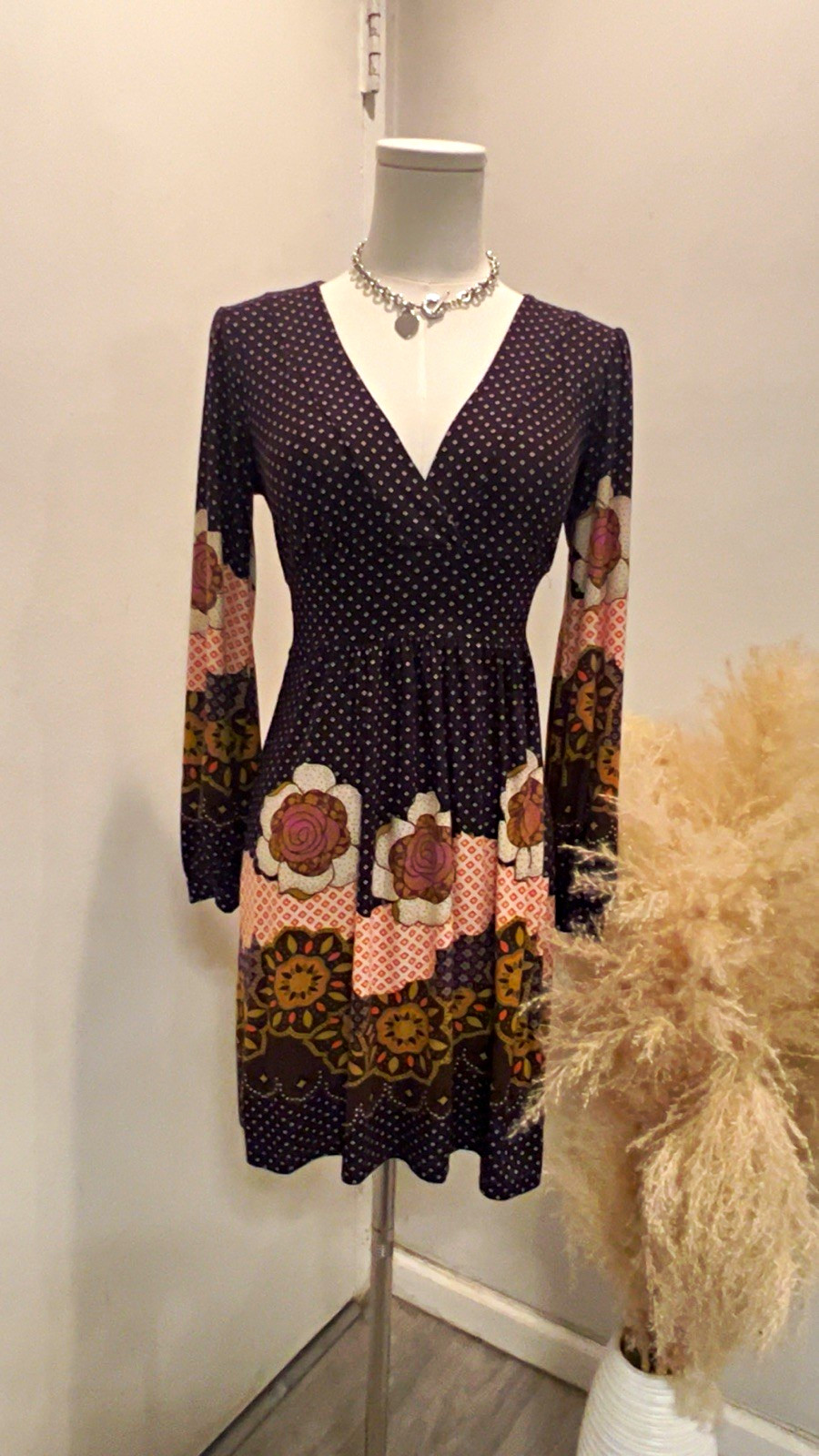 Women’s Purple Polka Dot V-Neck Long Sleeve Knee Length Dress Size L