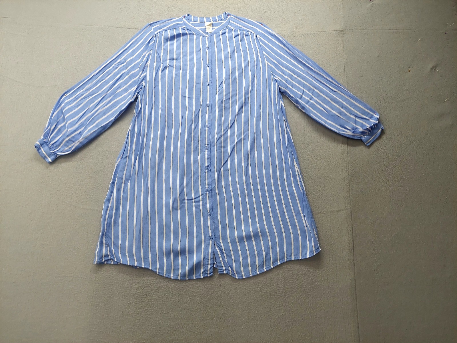 H&M Women Shirt Dress 12 Blue Striped Button Up Long Sleeve Collarless Casual