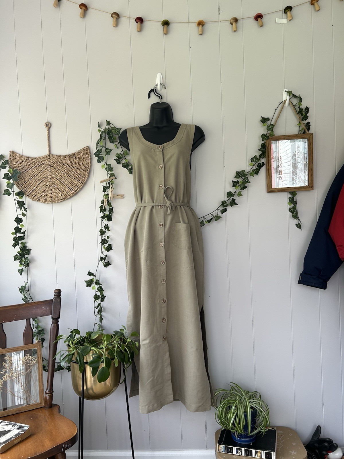 Vintage 90s Field Dress Cottagecore Farmcore Sleeveless Side Slit Utility Belted
