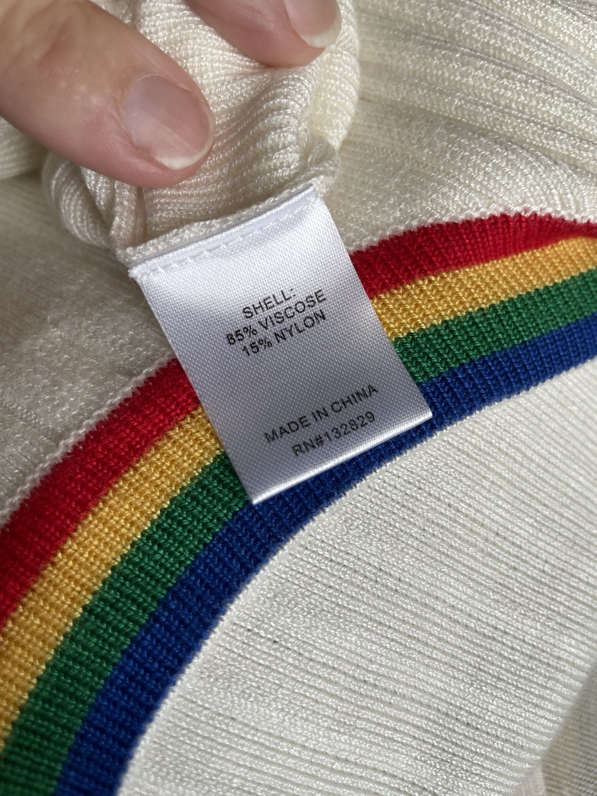 Super Down White Ribbed Knit Rainbow Stripe Trim Bodycon Mini Dress Women’s S