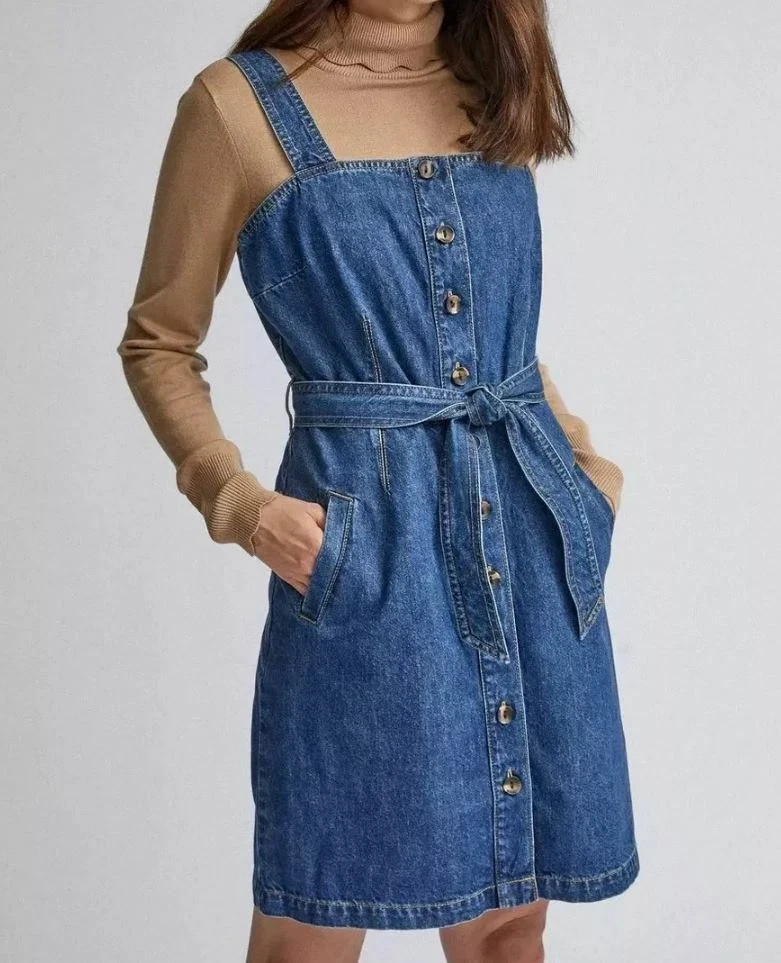 BEAUTIFUL DENIM PINAFORE BUTTON FRONT BELTED SIDE POCKETS DRESS SIZE UK 14 NEW