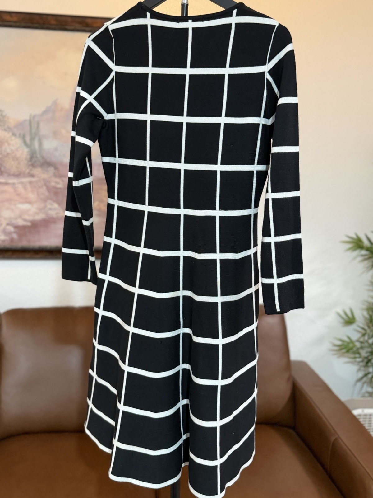 Luxace Lane Black/White Check Round Neck Knit A-Line Knee Dress Long Sleeve M