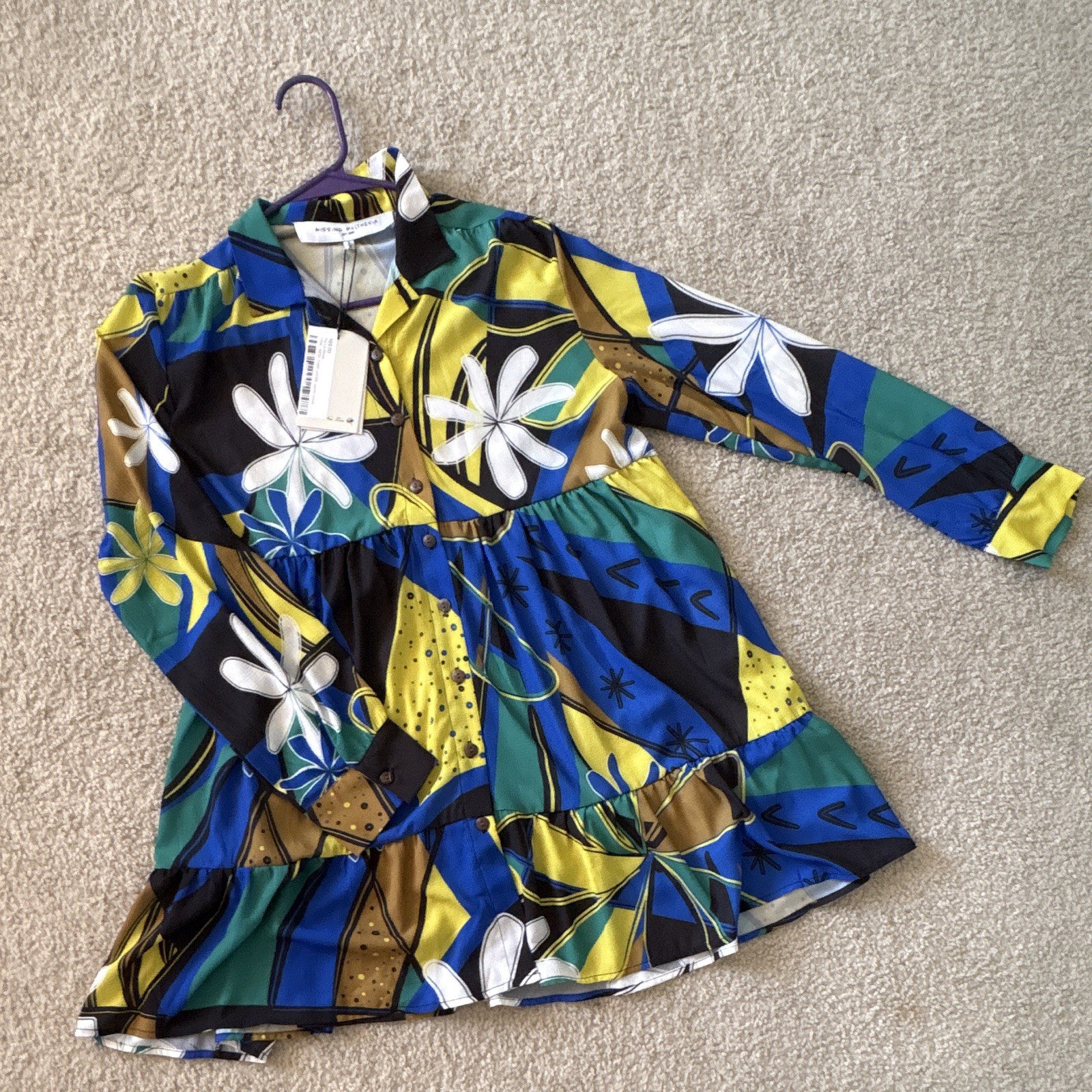 Missing Polynesia S/M Multicolor Floral Collared Long Sleeve Button Down Dress