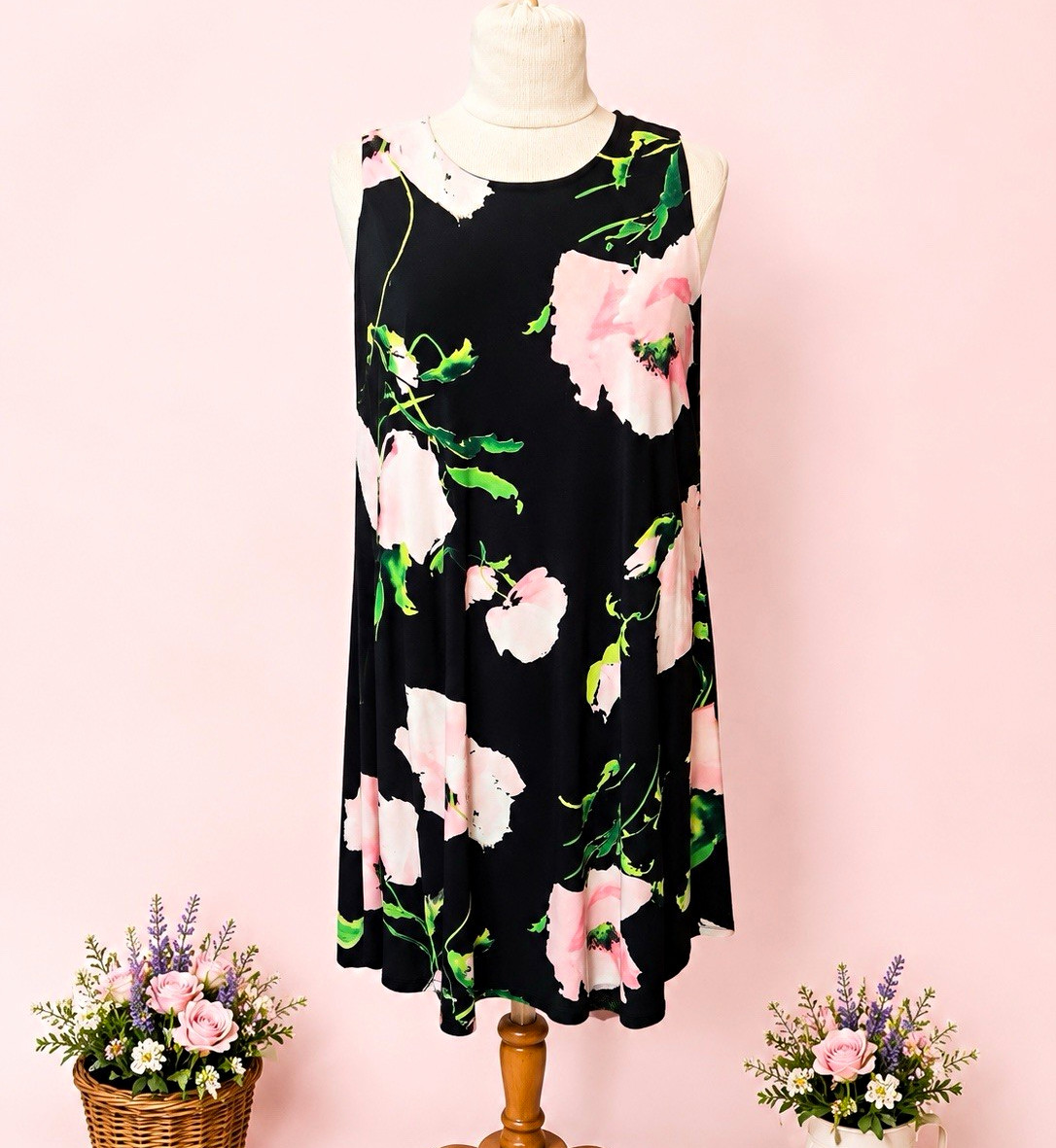 Anne Klein Black/Pink/Green Floral Scoop Neck Sleeveless A-Line Dress Sz 14
