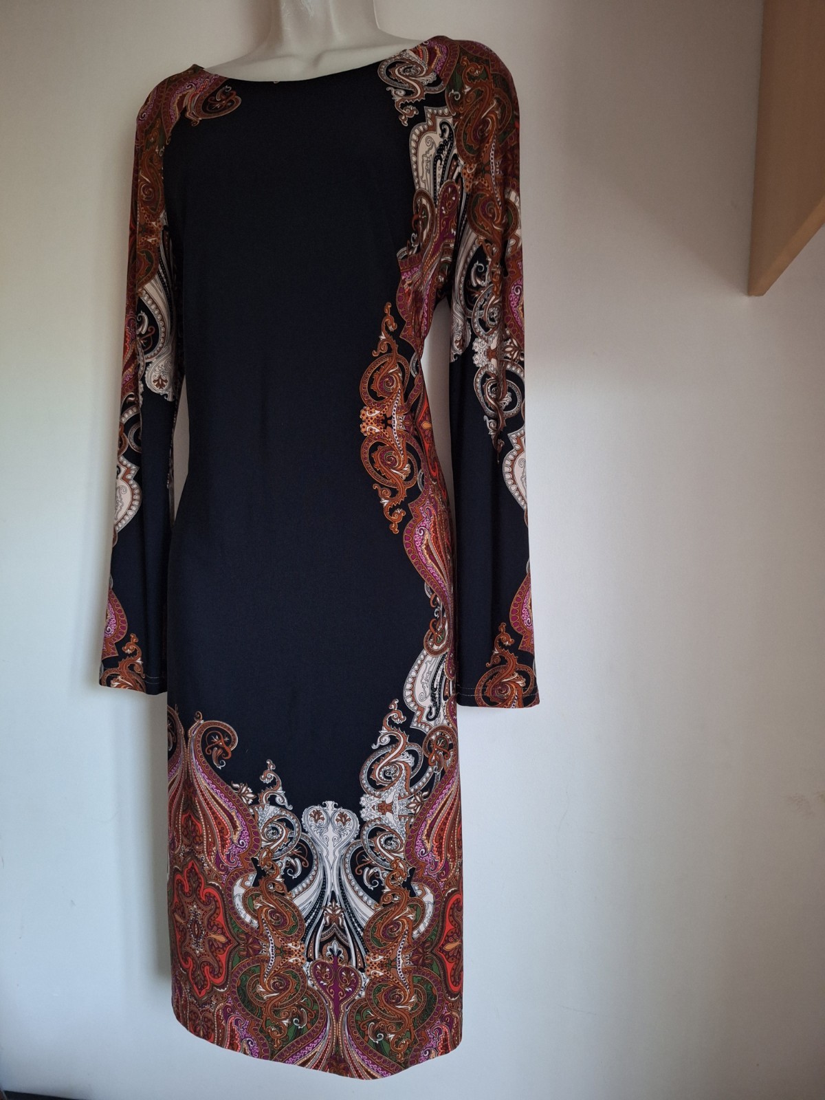 Joseph Ribkoff Paisley Print Black Orange Purple Sheath Dress UK 14 EU 42 USA 10