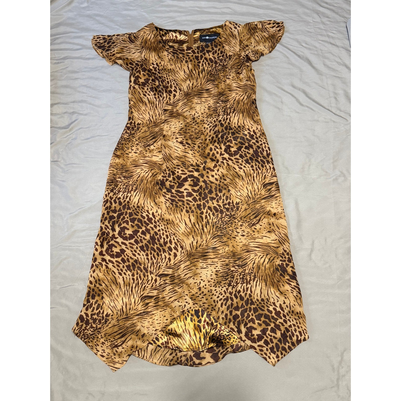 Sag Harbor Dress Womens 12 Brown Animal Print Handkerchief Hem Flutter Sleeve