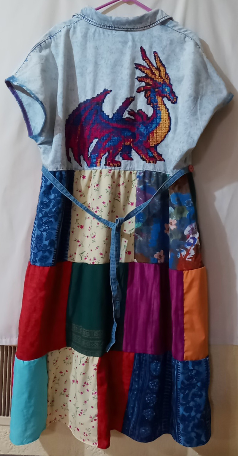 Rainbow Dragon upcycled dress patchwork OOAK 1XL- 2XL (chest 52″) cross-stitch