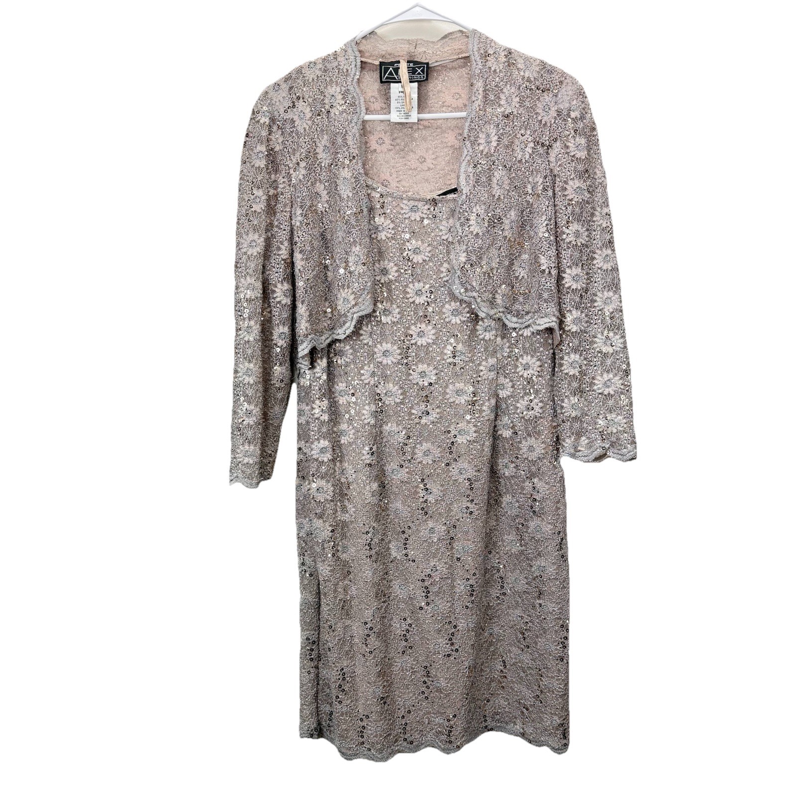 Alex Evenings Champagne Lace Sequin Two Piece Jacket Sleeveless Dress Size 8P