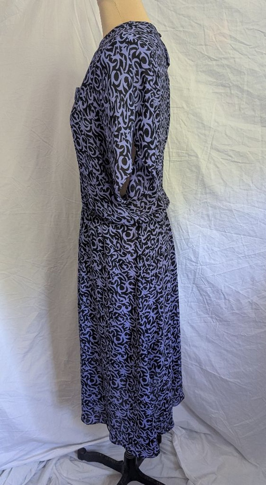 VTG IFI Purple & Black Vine Print Blouson Short Sleeve Midi Dress Women’s 18 EUC