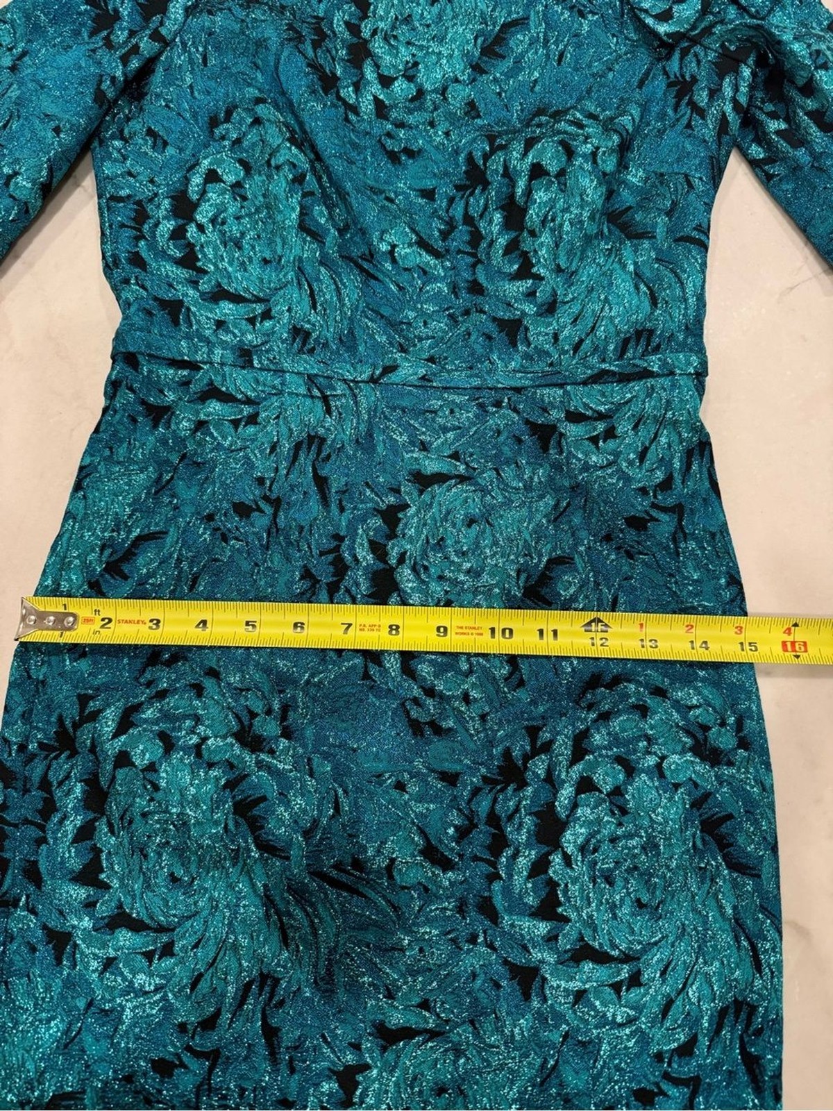 Teri Jon Rickie Freeman Teal Metallic Floral Jacquard Bow Shoulder Sheath Dress