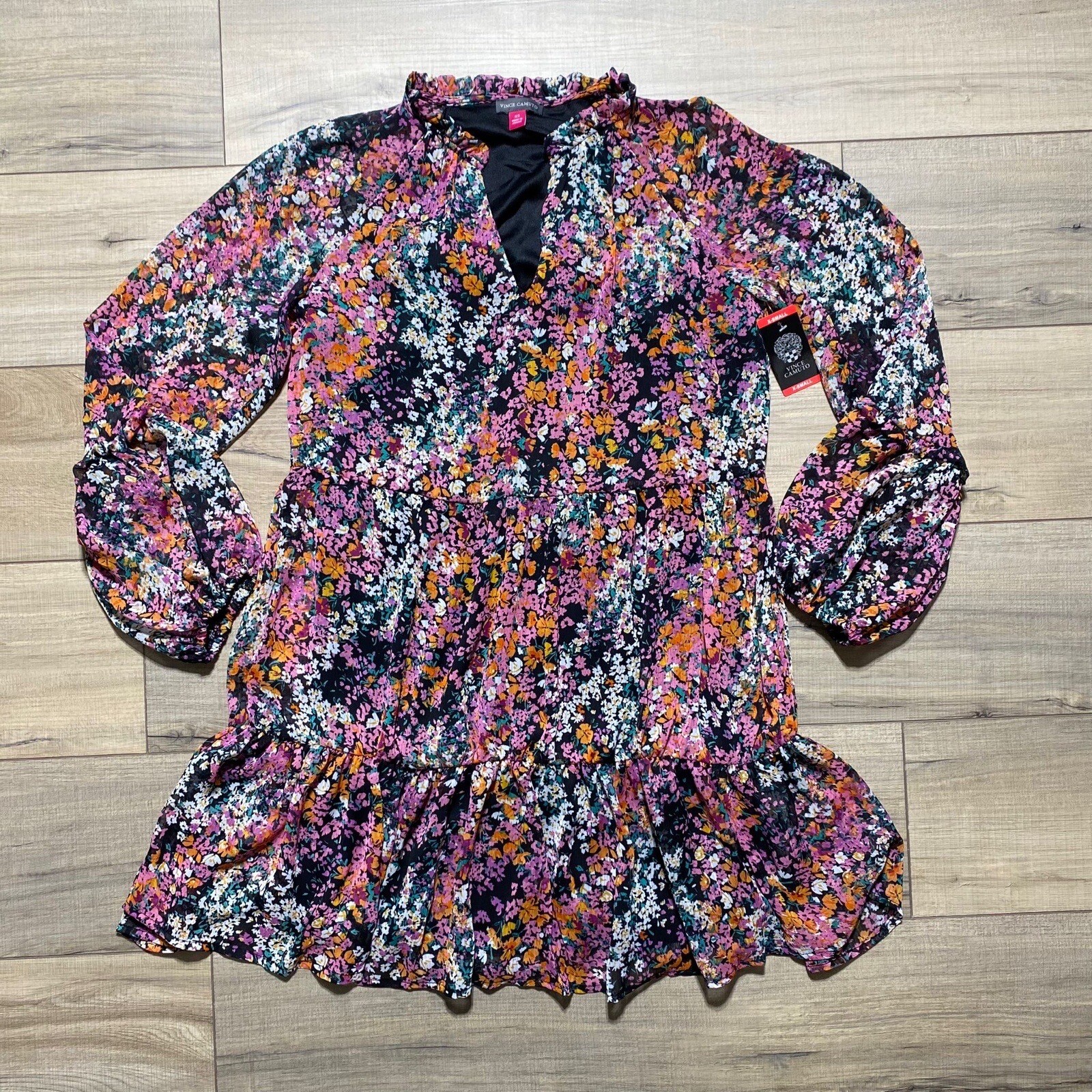 Vince Camuto Womens Tiered Floral Long Sleeve Dress Size XS Lightweight Lined