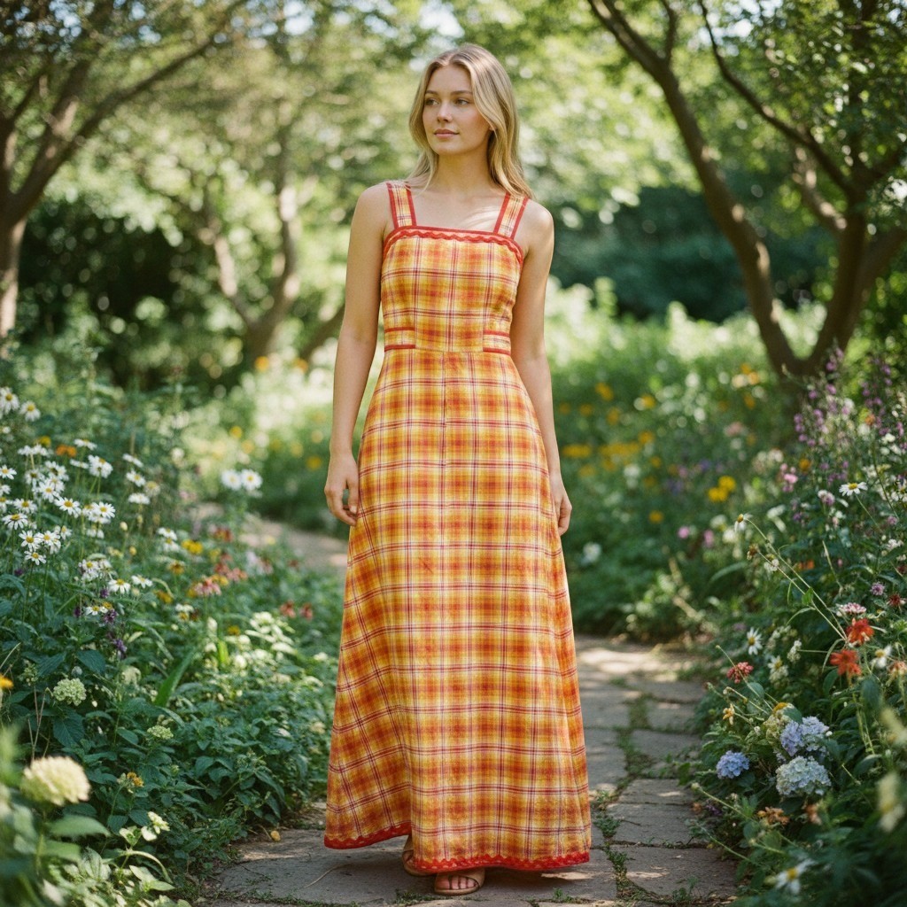 Vintage 70s Hennes orange, red, yellow gingham plaid maxi dress sundress, 36 S