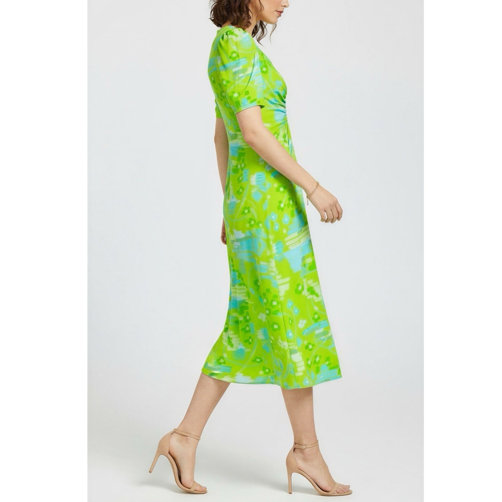 $450 NWT RHODE Maci Geometric Puff Sleeve Midi Dress, Electric Eden, 8 (US)
