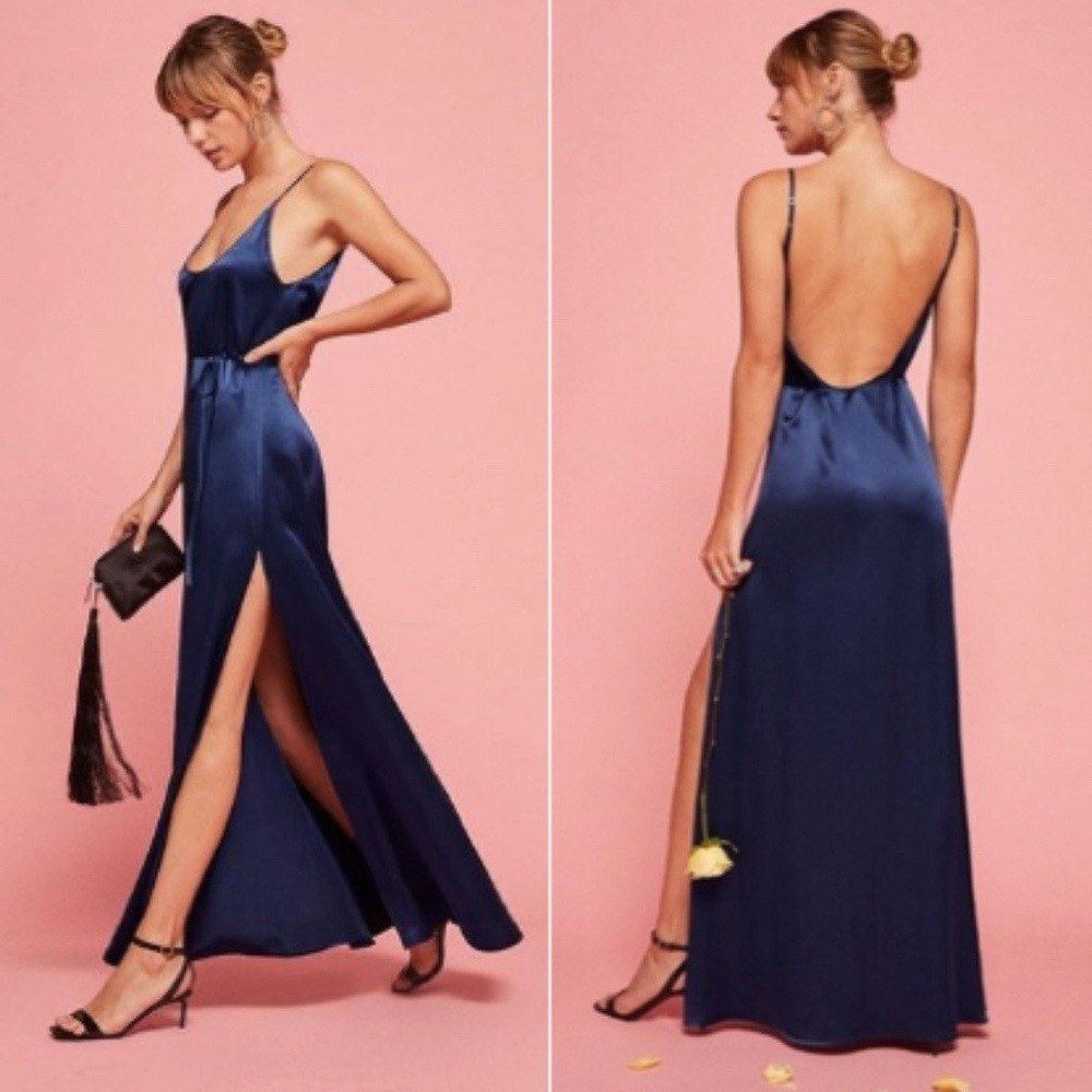 Reformation 100% Silk Iris Maxi Gown Navy Scoop Back Maxi Slip Dress Small