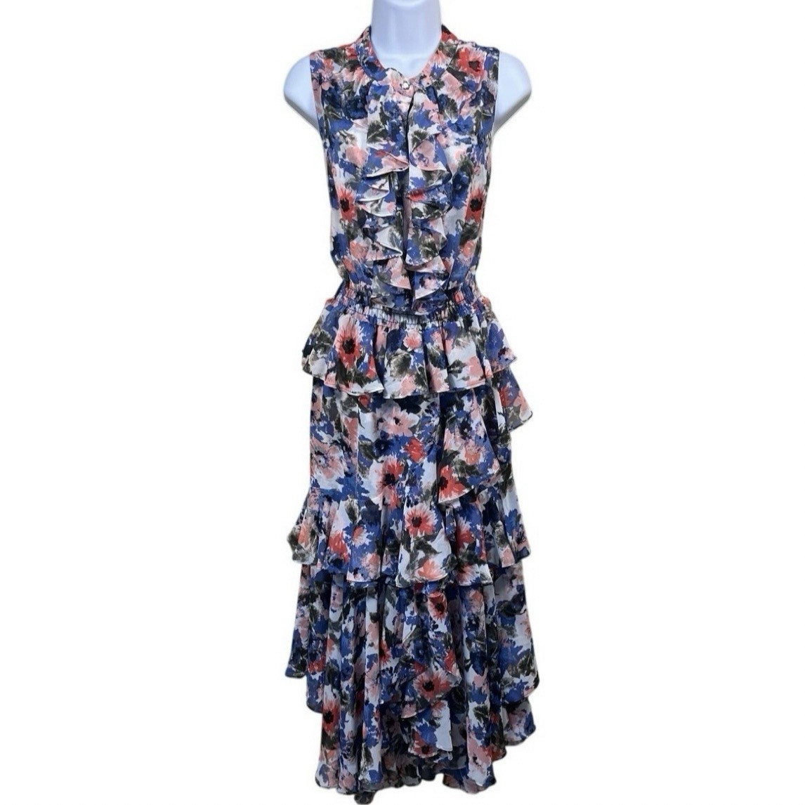 MISA LA Ilysa Tiered Ruffle Maxi Dress L Floral Sleeveless Cottagecore Old Money