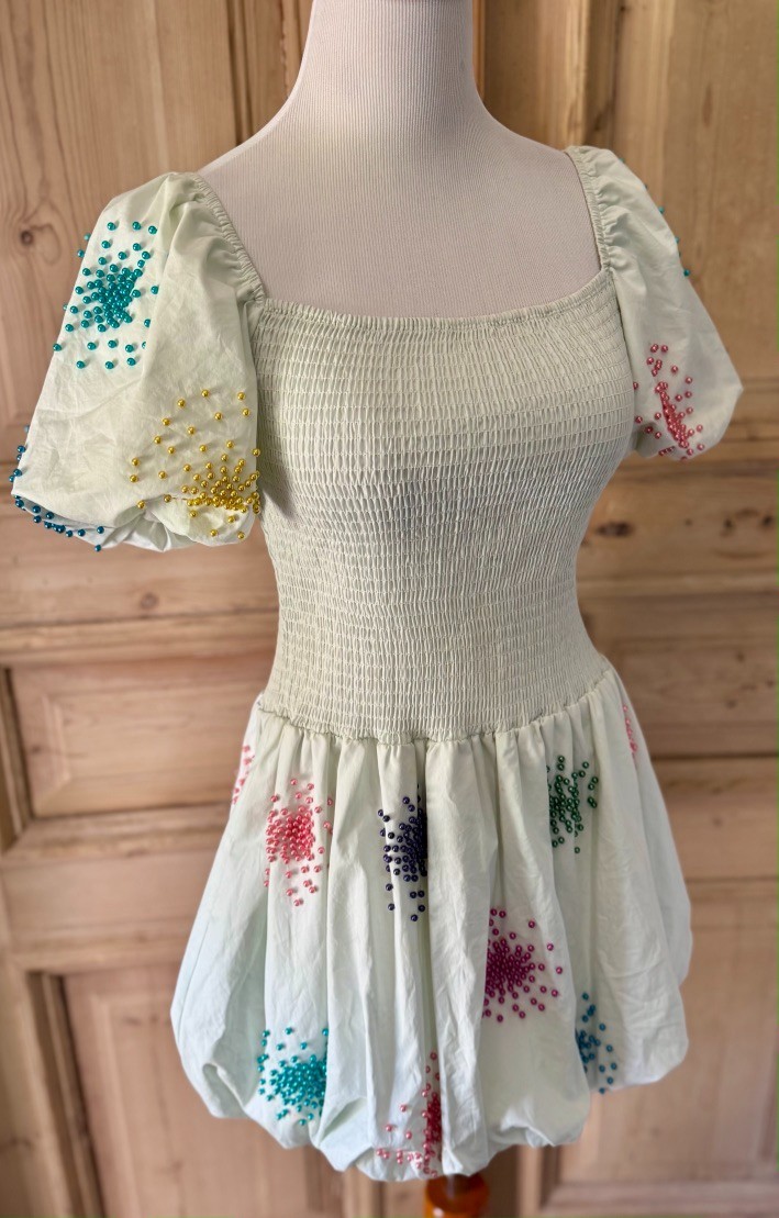 QOS Queen of Sparkles Mint Smocked Rainbow Beaded Burst Bubble Dress Medium M