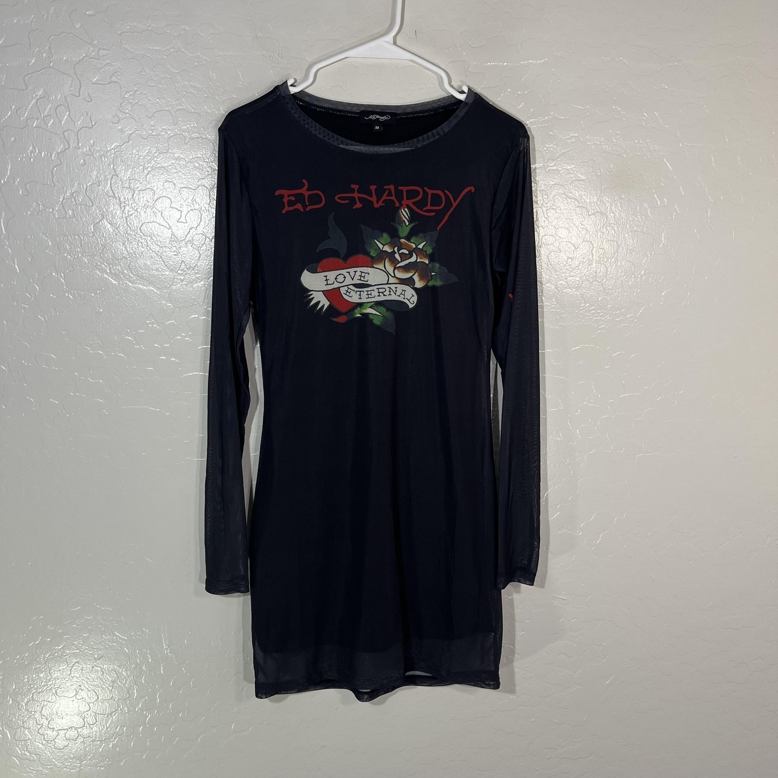 Ed Hardy Dress Womens Medium Black Mesh Tattoo Floral Long Sleeve Bodycon Mini