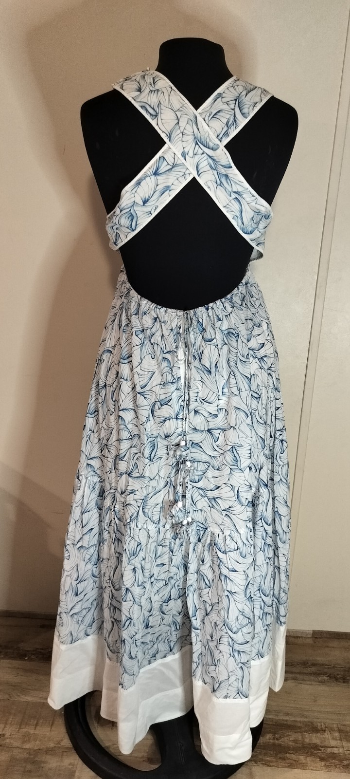 Tory Burch Blue White Floral Fit & Flare Square Neck Criss-Cross Midi 4