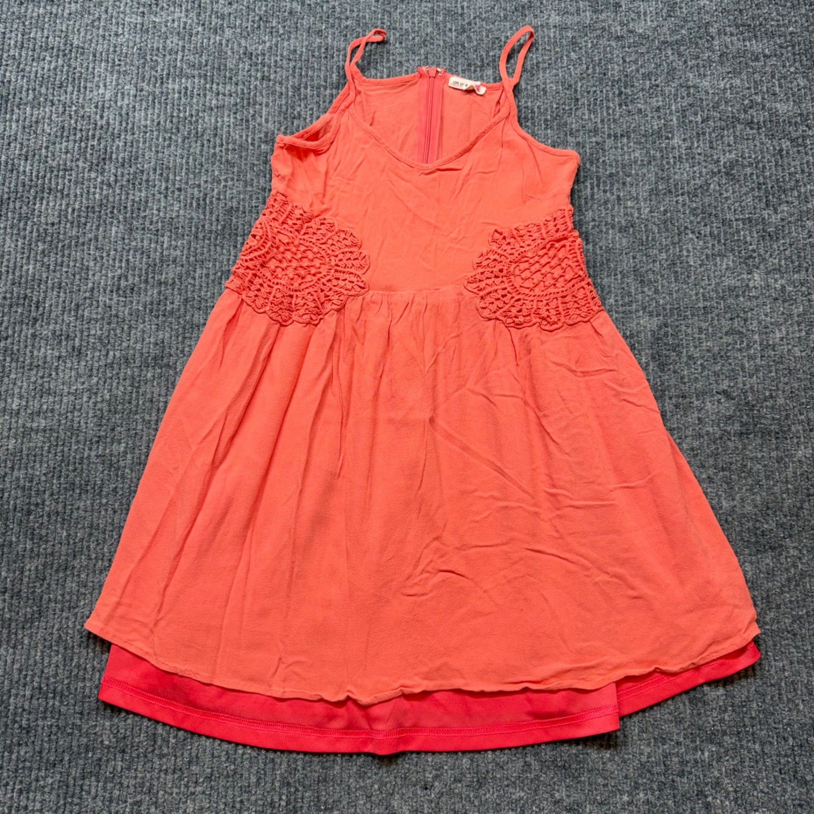 Love Culture Coral Mini Dress Medium Empire Waist Lace Applique Zipper Back