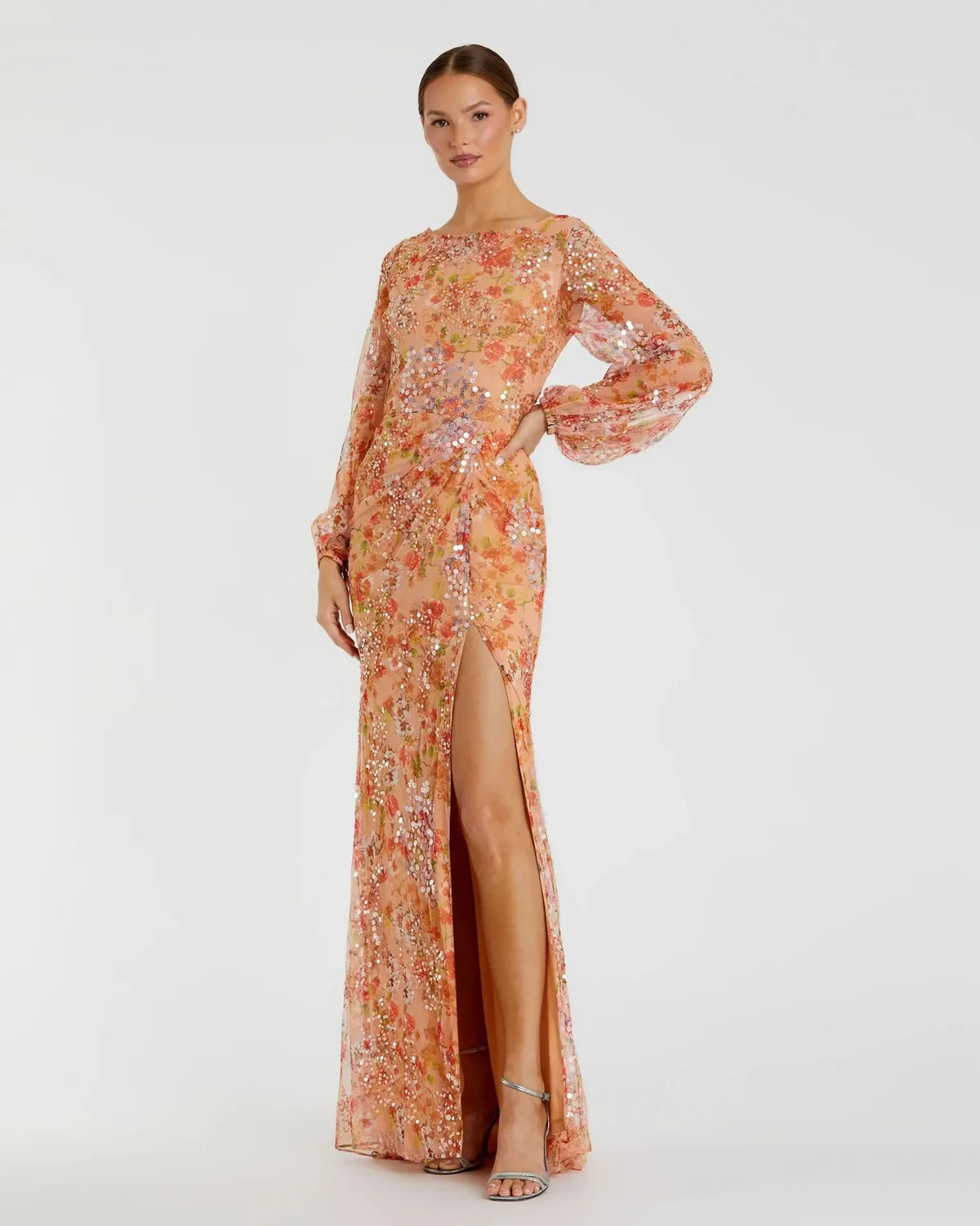 Mac Duggal Apricot Floral Sequin Long Puff Sleeve Gown Size 16 $458
