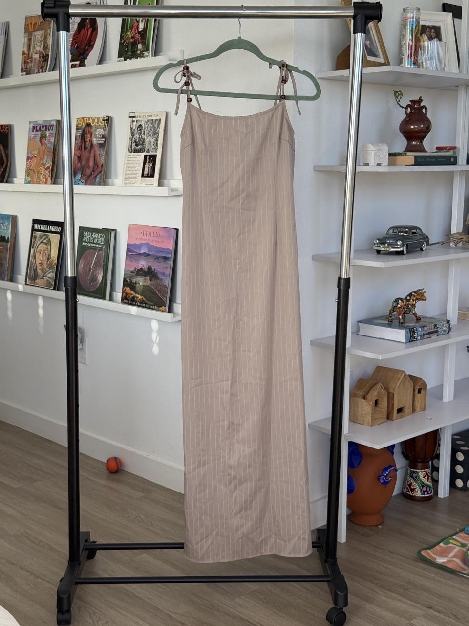 SHEIN Beige Pinstripe Maxi Dress with Adjustable Tie Straps and Beaded Detail