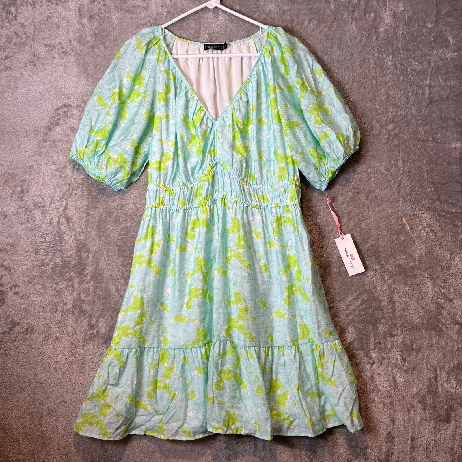 Vineyard Vines Puff Sleeve V Neck Dress Ruffled Tiered Hemline Size Large