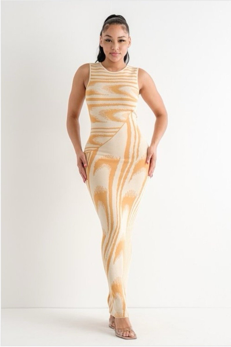 Hera Collection Wave Jacquard Dress Mustard Beige NWT Large