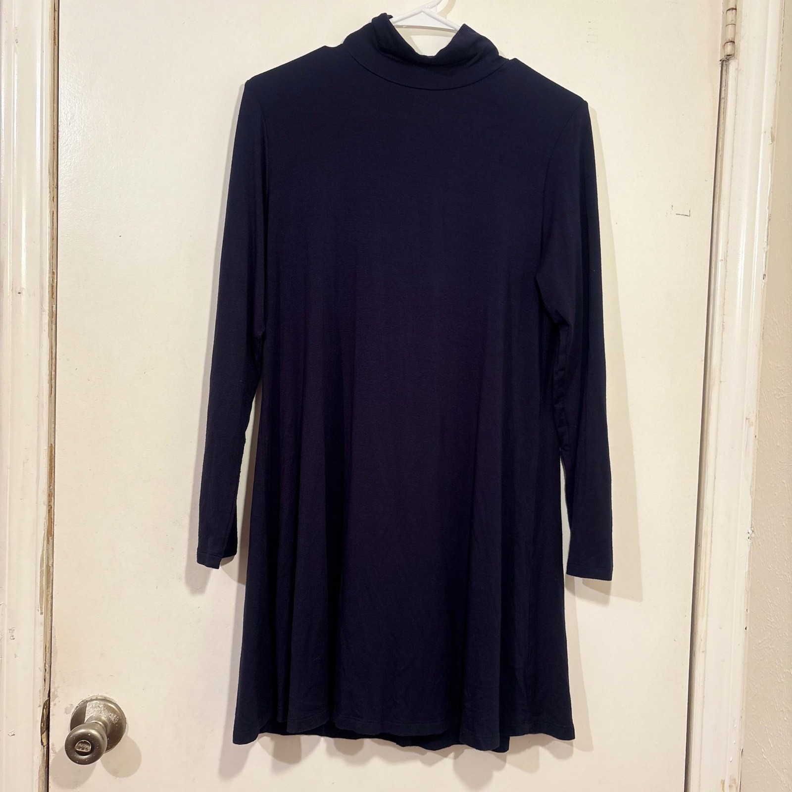 Comfy USA Navy Blue Turtleneck Long Sleeve Swing Mini Dress Sz S Lagenlook Basic
