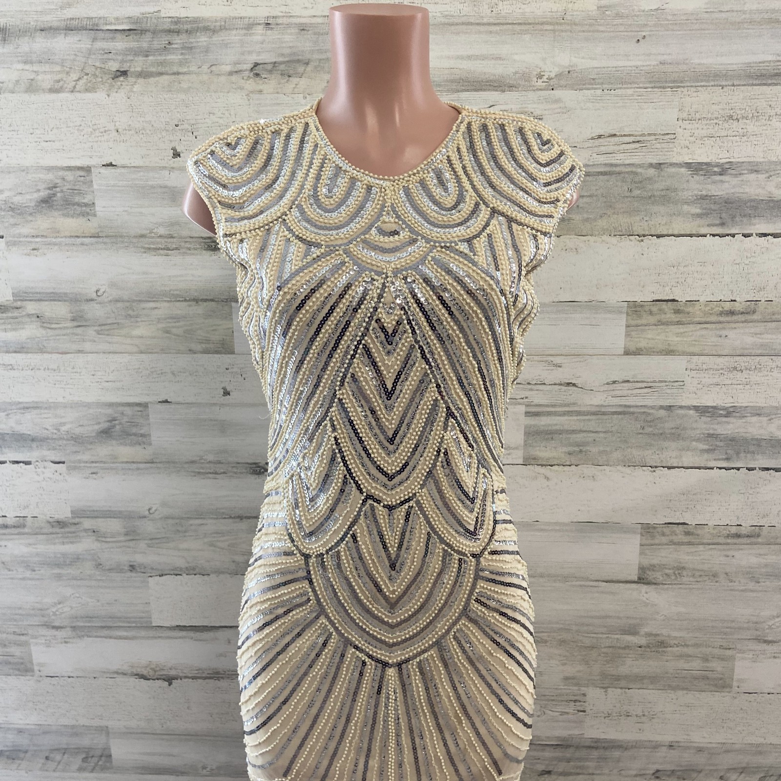 1920s Style Great Gatsby Flapper Dress Champagne Sequin Beaded Fringe Small