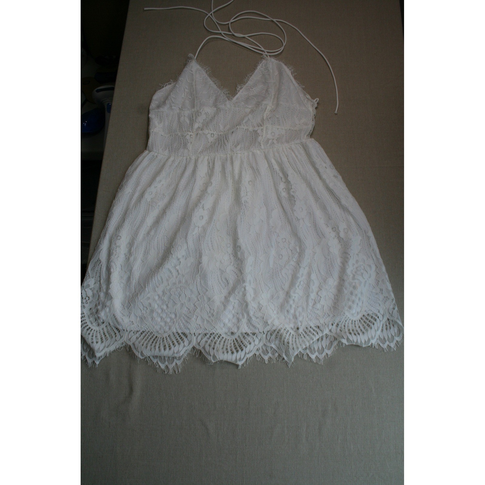 Novashe White Floral Lace Halter Mini Dress Boho Eyelash Trim Summer Bridal M