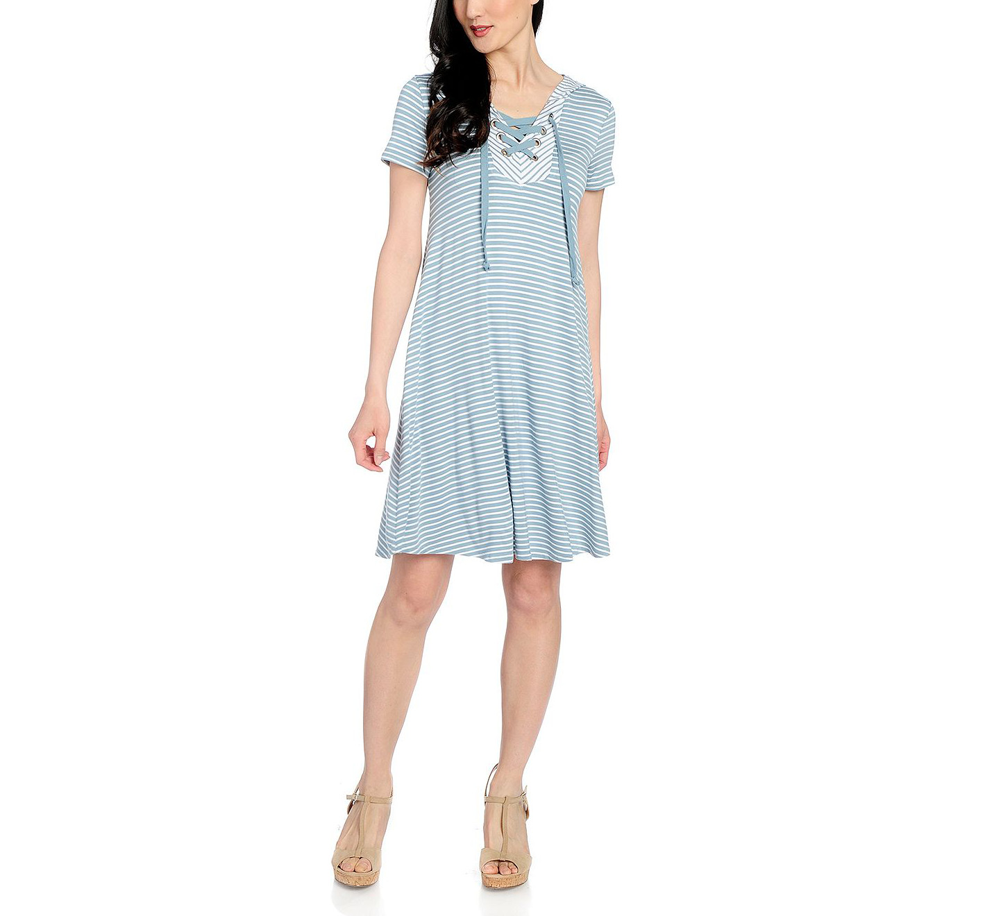 NEW OSO Casuals Striped Knit Short Sleeve Lace-up Hooded Trapeze Dress