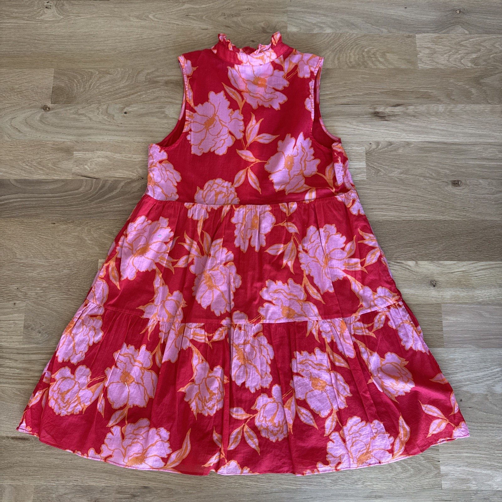 Olivaceous Red Orange And Pink Blossom Pattern Sleeveless Tiered Tunic Dress S