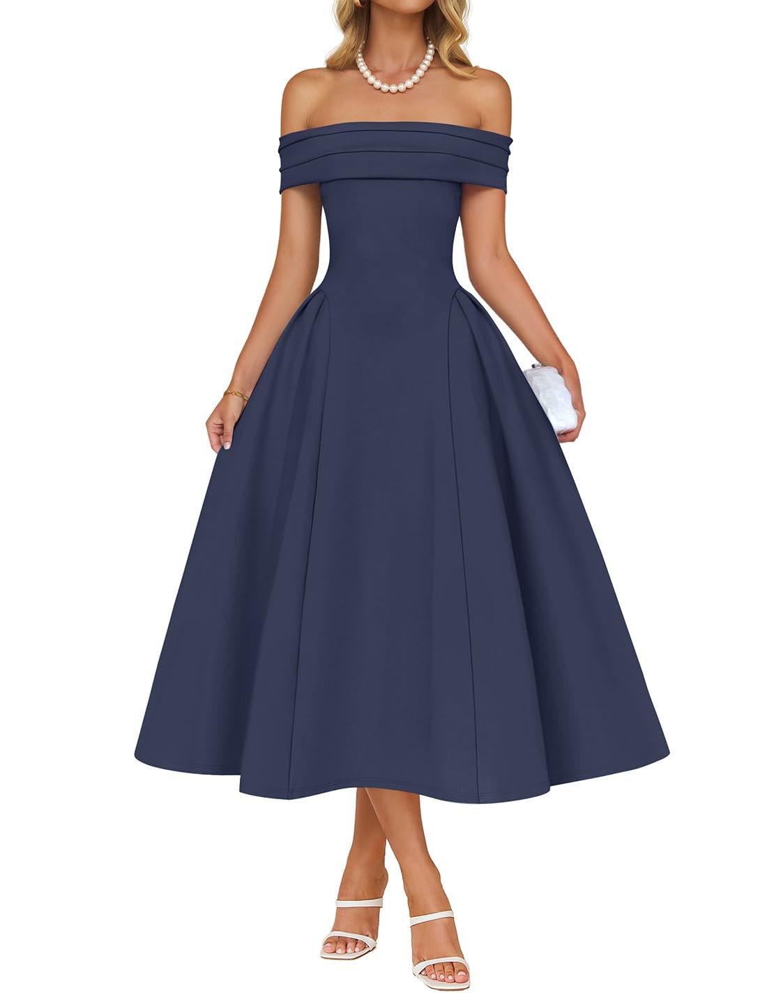 ZESICA Women’s Navy Cocktail Dresses Off Shoulder Short Sleeve Swing Line M