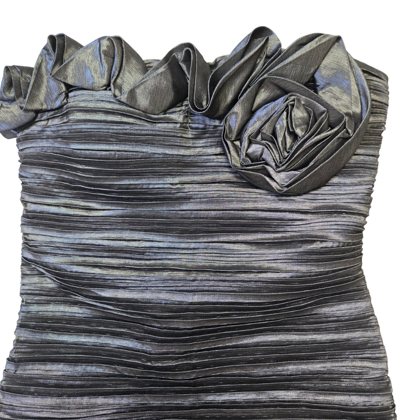 Romeo & Juliet Couture Metallic Charcoal Rosette Strapless Pleated Mini Dress M